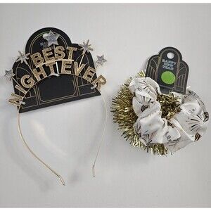 New Year "Best Night Ever" Gold Metal Headband & 2 Pack Hair Scrunchies